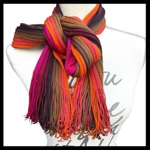 Brown/Orange/Magenta Ribbed Stripe Wool Blend Fringe Scarf